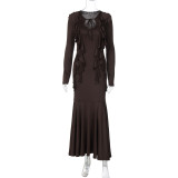 Ruffled Lace-up Long-sleeved Waist Dress