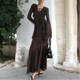Ruffled Lace-up Long-sleeved Waist Dress