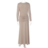 Slim-fitting Pleated Waisted Irregular Long-sleeved Dress