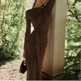 Slim-fitting Pleated Waisted Irregular Long-sleeved Dress