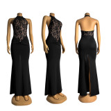 Party Halterneck Lace Dress with Exposed Back Slit for Socialites