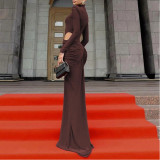 Hollow-waist Pleated High-neck Long-sleeved Dress