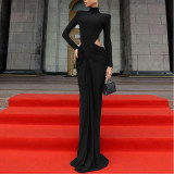 Hollow-waist Pleated High-neck Long-sleeved Dress
