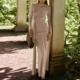 Slim-fitting Pleated Waisted Irregular Long-sleeved Dress