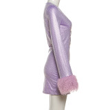 Deep V Sequin Raw Edge Long-sleeved Hip-hugging Dress