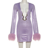 Deep V Sequin Raw Edge Long-sleeved Hip-hugging Dress