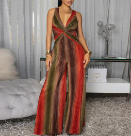 Shoulder Straps Sleeveless Deep V Sexy Waist Slim Fit Wide Leg Jumpsuit