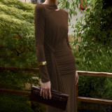 Slim-fitting Pleated Waisted Irregular Long-sleeved Dress