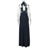 Solid Color Slit Style Halterneck Hip-hugging Skirt Swing Neck Backless Sleeveless Pleated Long Dress