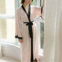 Simulated Silk Contrast Color Long Silver Bow Printed Nightgown for Women's Home Wear