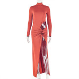 Flower Pleated Slit Hip-covering Skirt, Stand-up Collar, Hollow Out Slim Fit Long-sleeved Solid Color Long Dress