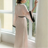 Simulated Silk Contrast Color Long Silver Bow Printed Nightgown for Women's Home Wear