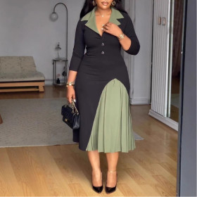 Lapel Waist-cinching Stretch Pleated Patchwork Dress with Contrasting Colors