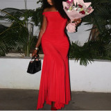 Solid Color Elegant Tube Top Fairy Dress with Zipper Raglan Sleeves and One-line Collar Long Dress