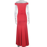 Solid Color Elegant Tube Top Fairy Dress with Zipper Raglan Sleeves and One-line Collar Long Dress