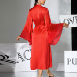 Satin Large Trumpet Sleeve Long Nightgown Multi-color Tie High Slit Home Robe