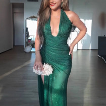 Sequin Halter Neck Slit Party Stretch Dress