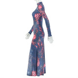 Sexy Color-block Hip Skirt Long-sleeved Waist Dress