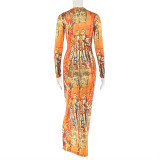Printed Color Block Women's Hollow Slim Fit Hip-hugging Skirt Round Neck Long Sleeve Dress
