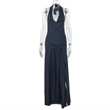 Solid Color Slit Style Halterneck Hip-hugging Skirt Swing Neck Backless Sleeveless Pleated Long Dress