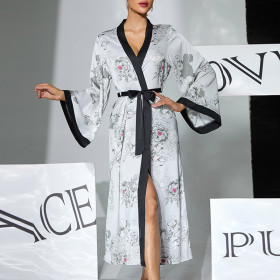 Floral Print Satin Robe with Contrast Hemming, Large Bell Sleeves, Long House Robe