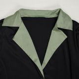 Lapel Waist-cinching Stretch Pleated Patchwork Dress with Contrasting Colors