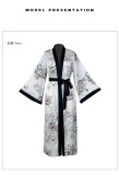Floral Print Satin Robe with Contrast Hemming, Large Bell Sleeves, Long House Robe