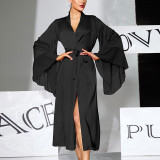 Satin Large Trumpet Sleeve Long Nightgown Multi-color Tie High Slit Home Robe