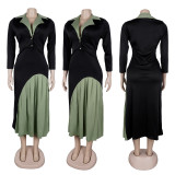 Lapel Waist-cinching Stretch Pleated Patchwork Dress with Contrasting Colors