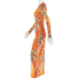 Printed Color Block Women's Hollow Slim Fit Hip-hugging Skirt Round Neck Long Sleeve Dress