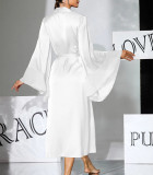 Satin Large Trumpet Sleeve Long Nightgown Multi-color Tie High Slit Home Robe