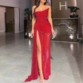 Sequined Shoulder Slit Dress Stretch Dress