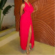 Solid Color Slit Style Halterneck Hip-hugging Skirt Swing Neck Backless Sleeveless Pleated Long Dress