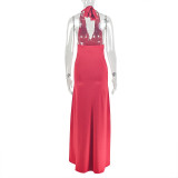 Solid Color Slit Style Halterneck Hip-hugging Skirt Swing Neck Backless Sleeveless Pleated Long Dress