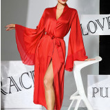 Satin Large Trumpet Sleeve Long Nightgown Multi-color Tie High Slit Home Robe