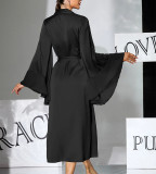 Satin Large Trumpet Sleeve Long Nightgown Multi-color Tie High Slit Home Robe