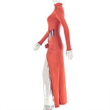 Flower Pleated Slit Hip-covering Skirt, Stand-up Collar, Hollow Out Slim Fit Long-sleeved Solid Color Long Dress