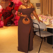 Solid Color Temperament Slit Tube Top Hip Skirt Pleated One-line Collar Waist Long Dress