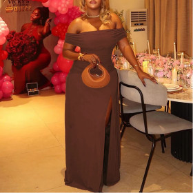 Solid Color Temperament Slit Tube Top Hip Skirt Pleated One-line Collar Waist Long Dress