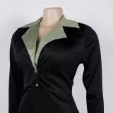 Lapel Waist-cinching Stretch Pleated Patchwork Dress with Contrasting Colors