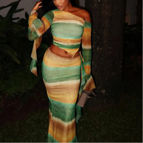 Colorblock Stretch-neck Asymmetrical Two-piece Set