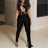 Solid Color Leggings Long Jumpsuit with Straps and Hollow Metal Rings