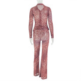 Buttoned Leopard Print Pants Suit Cardigan Waist Top Loose Two-piece Set