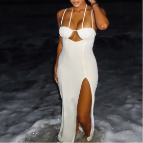 Hollow Solid Color Hip-hugging Slit Irregular Skirt