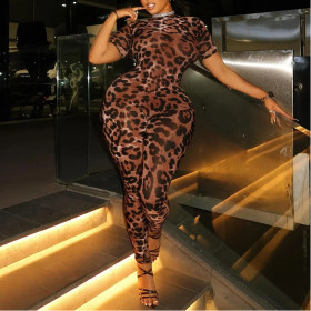 Leopard Print Foot Jumpsuit Short Sleeve Slim Fit Jumpsuit