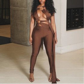 Solid Color Leggings Long Jumpsuit with Straps and Hollow Metal Rings