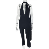V-neck Strappy Solid Color Jumpsuit