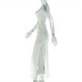 Slit Pleated Backpack Hip Skirt Cross Halter Neck Solid Color Long Dress