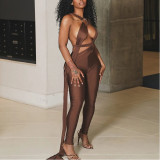 Solid Color Leggings Long Jumpsuit with Straps and Hollow Metal Rings