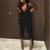 V-neck Strappy Solid Color Jumpsuit